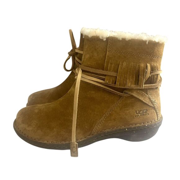 Ugg Boots Gaviota Women's 7 Rubber Sole Chestnut Struct Suede Fringe Sheepskin - Picture 3 of 14